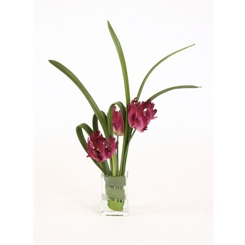 Waterlook ® Silk Blade Wrapped Amethyst Parrot Tulips in a Rectangular Vase