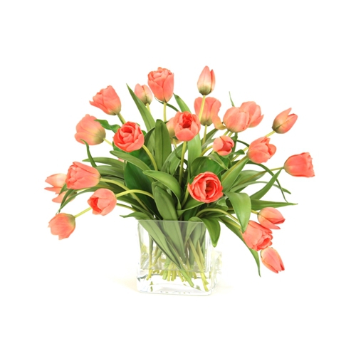 Waterlook ® Silk Coral Tulips in a Glass Square Vase