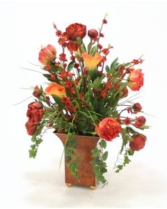 Rust Red Peonies, Calla Lillies, Ivy and Grass in a Large Square Tole Planter