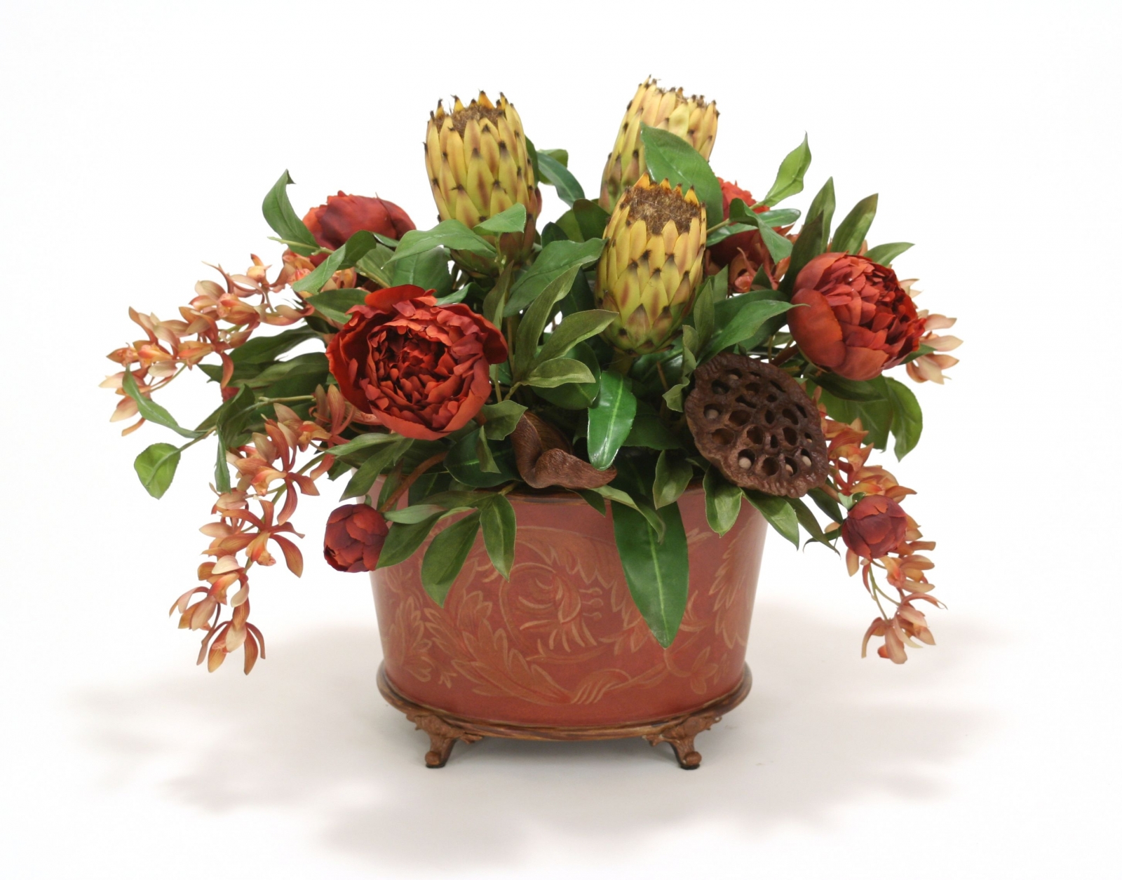 Traditional Spice Tone Floral in Oval Footed Handpainted Wood Planter