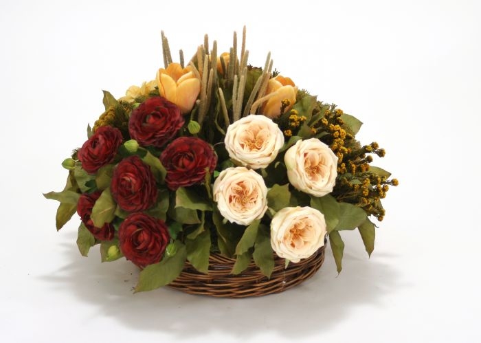 Silk Antique Gold Ranunculus Mix in a Small Antique Stained Apple Basket