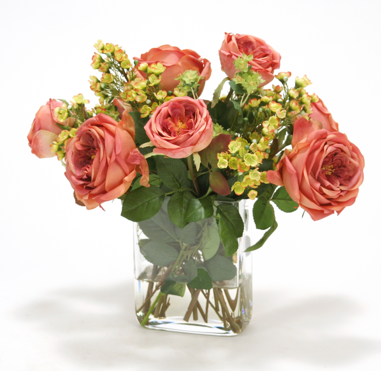 Roses and Greenery in Glass Rectangular Vase Free Shipping in USA