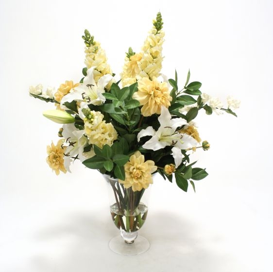 Waterlook (R) Casablanca Lilies, Cream-Gold Dahlia and Orange Foliage in Glass Vase
