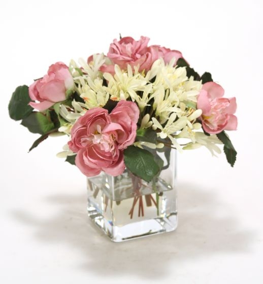 Waterlook (R) Cream White Agapanthus, Mauve Roses and Greenery in Tall Cylinder Glass