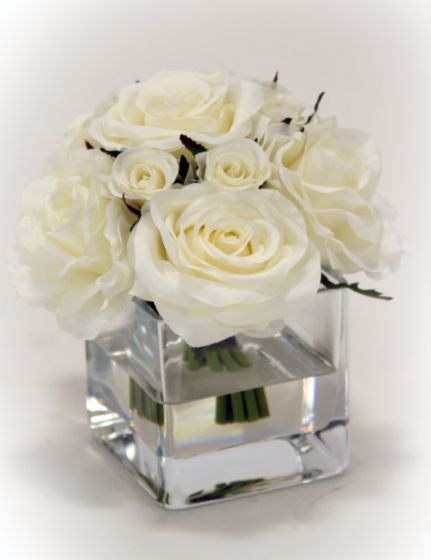 Waterlook (R) Cream White Rose Bouquet in Glass Square Vase