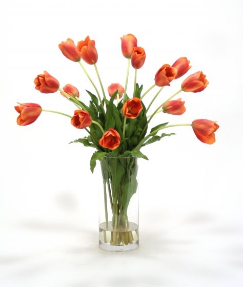 Waterlook (R) Dark Orange Red Tulips In Cylinder Vase