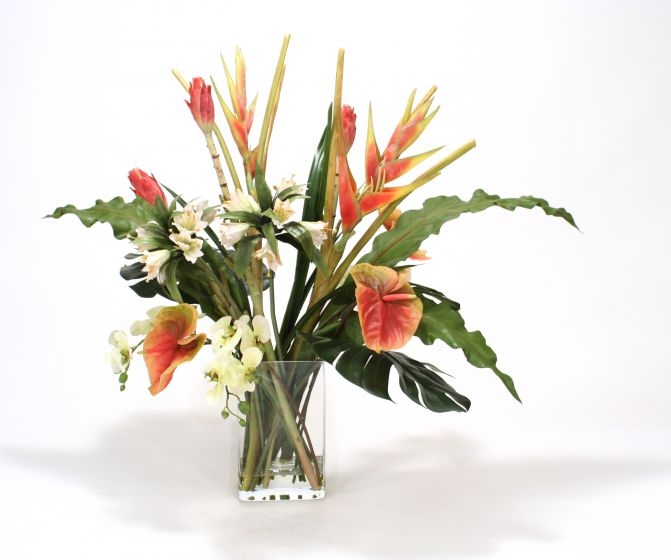 Waterlook (R) Heliconia, Antherium Tropical Mix in Rectangular Glass Vase
