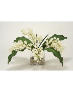 Waterlook (R) Mini Orchids, Tropical Leaves in Rectangular Vase w/ White Rocks