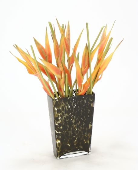 Waterlook (R) Orange Heliconias in Leopard-Spotted Glass Vase
