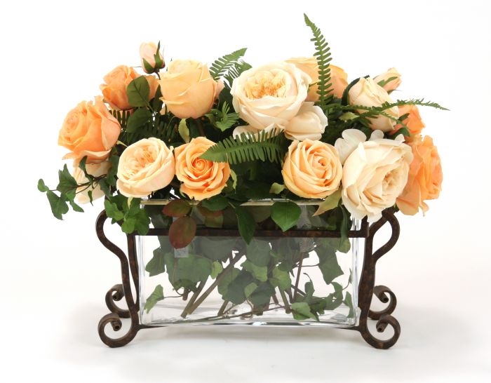 Waterlook(R) Peach and Champagne Roses in Rectangle Glass Planter with Optional Metal Stand