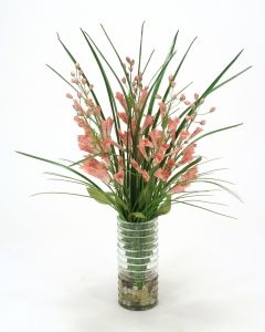 Waterlook (R) Pink Foxglove, Grass in Green Glass Vase