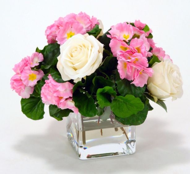 Waterlook (R) Pink Primrose With White Roses In Glass