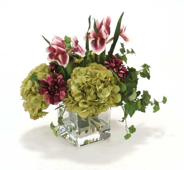 Waterlook (R) Plum Zinnias and Irises, Green Hydrangeas in Square Glass Vase