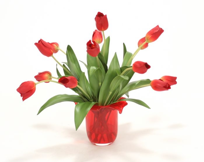 Waterlook (R) Red Tulips In Red Glass Vase