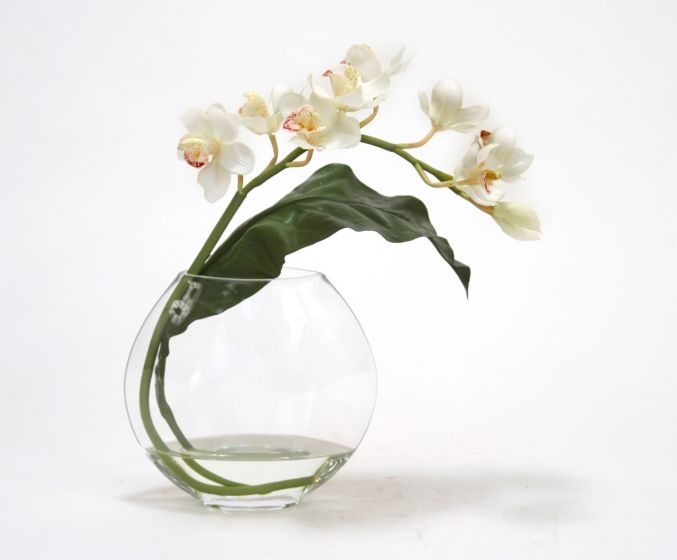 Waterlook (R) White Cymbidium Orchid with Tropical leaf in Disk vase