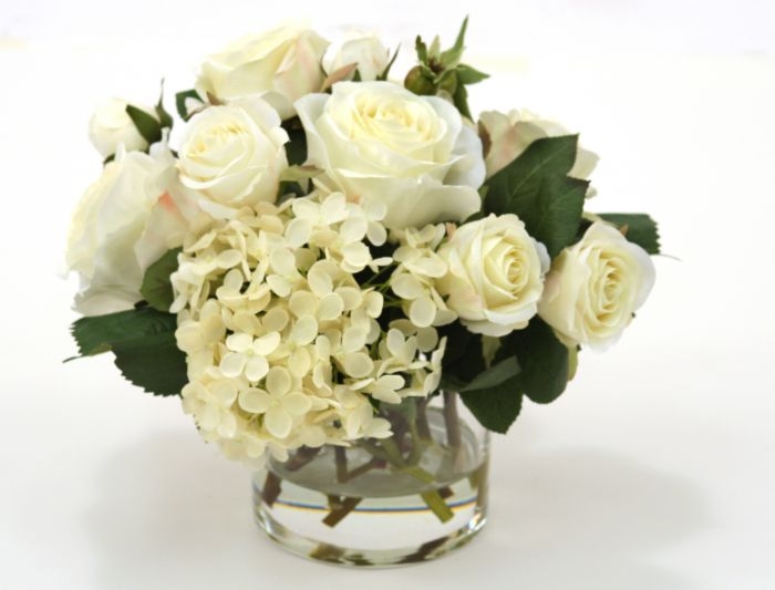 Waterlook ® Silk Cream-White Roses and Hydrangeas in a Short Vase