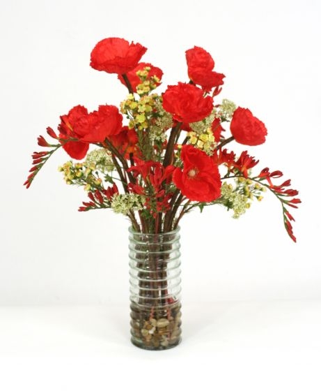 Waterlook (R) Red Poppies And Greenery In Green Ribbed Cylinder Vase