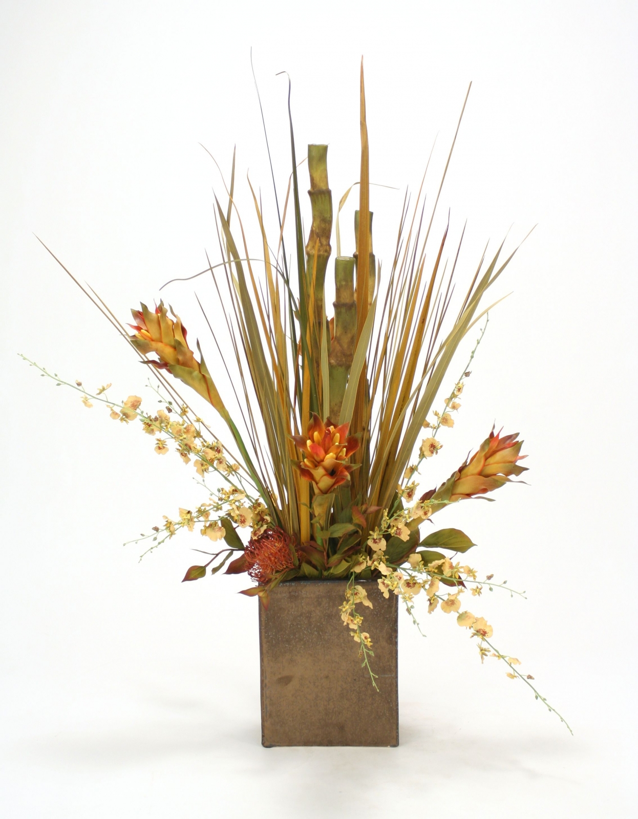 Tropical Mix of Rust, Sage, Grasses in Rectangular Crystal Bronze Planter Tropical Mix of Rust, Sage, Grasses in Rectangular Crystal Bronze Planter