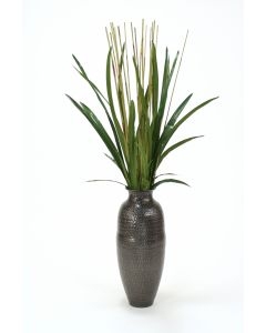Cymbidium Foliage with Reeds in Hand Hammered Black Antique Vase Cymbidium Foliage with Reeds in Hand Hammered Black Antique Vase