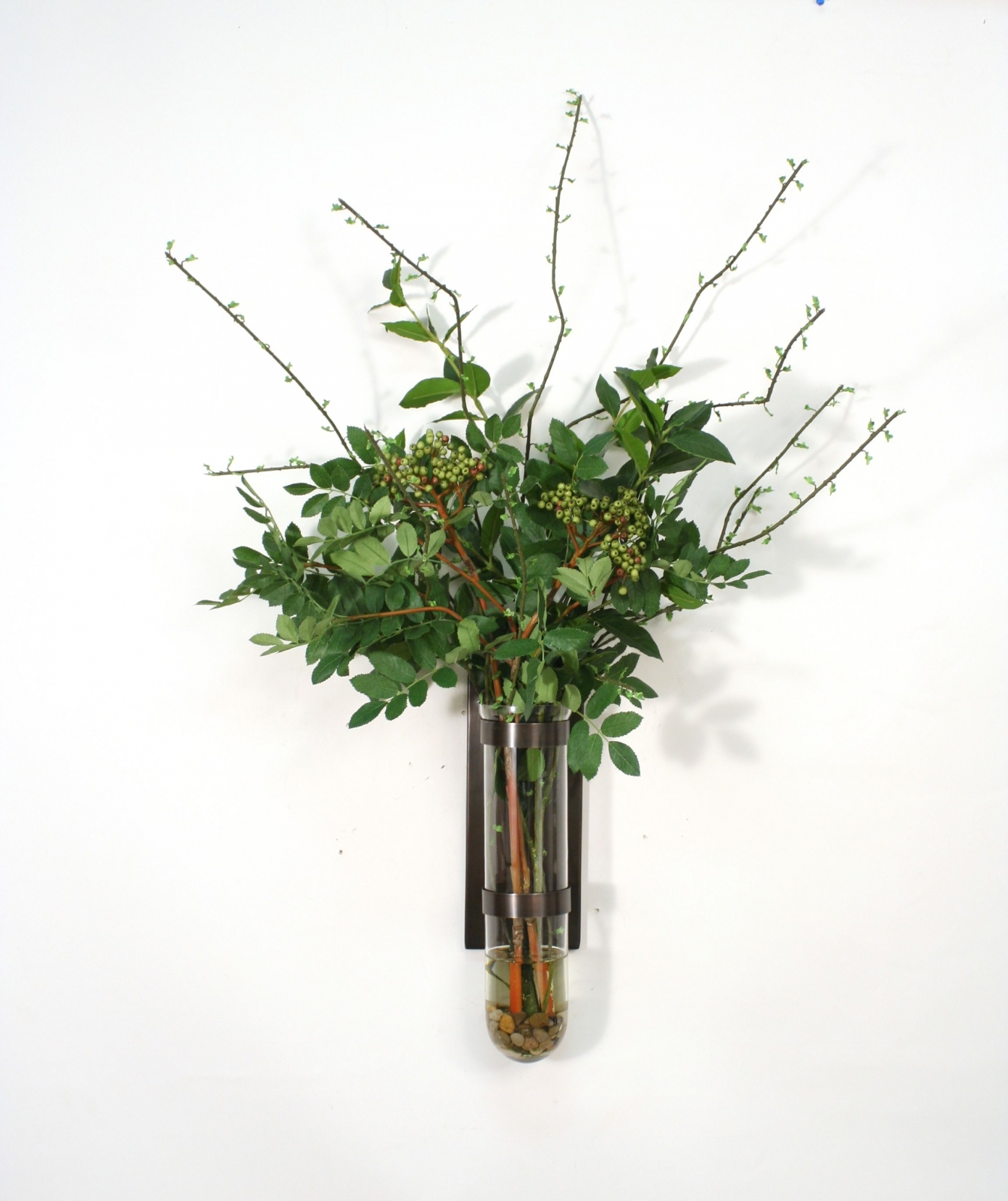 Waterlook® Mixed Greenery and Berries in Large Test Tube with Bronze Wall Base Waterlook® Mixed Greenery and Berries in Large Test Tube with Bronze Wall Base