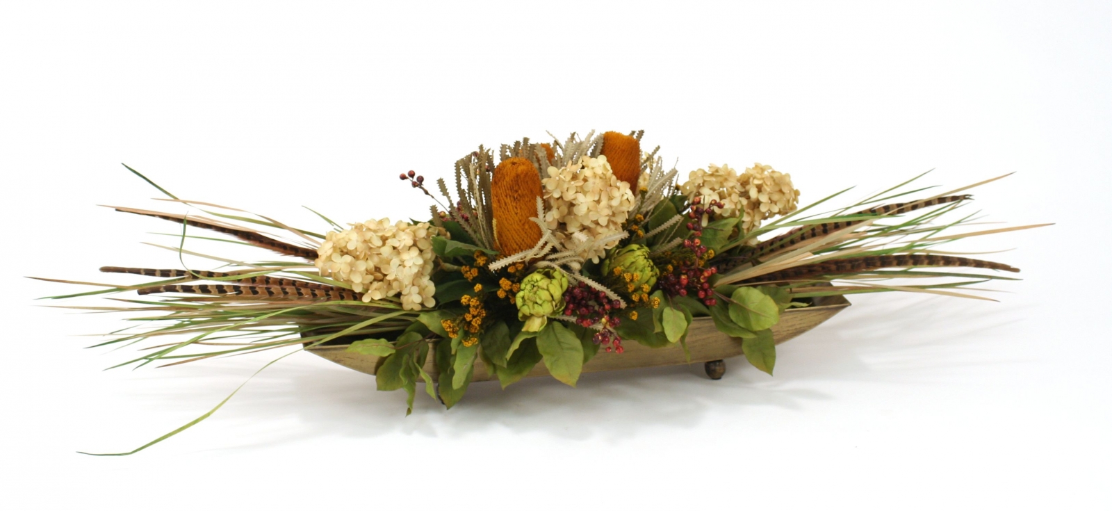 Peegee Hydrangeas, Grass and Natural Product in Gold Oval Planter Peegee Hydrangeas, Grass and Natural Product in Gold Oval Planter