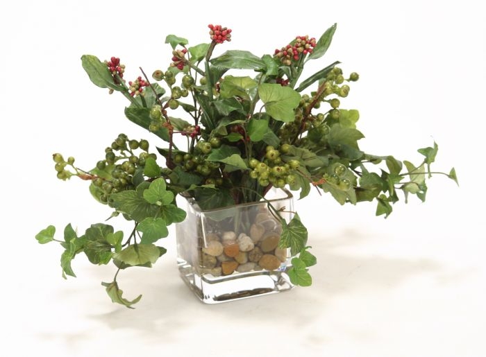 Waterlook (R) Mixed Greenery, Burgundy-Green Berries in Glass Cube Waterlook (R) Mixed Greenery, Burgundy-Green Berries in Glass Cube