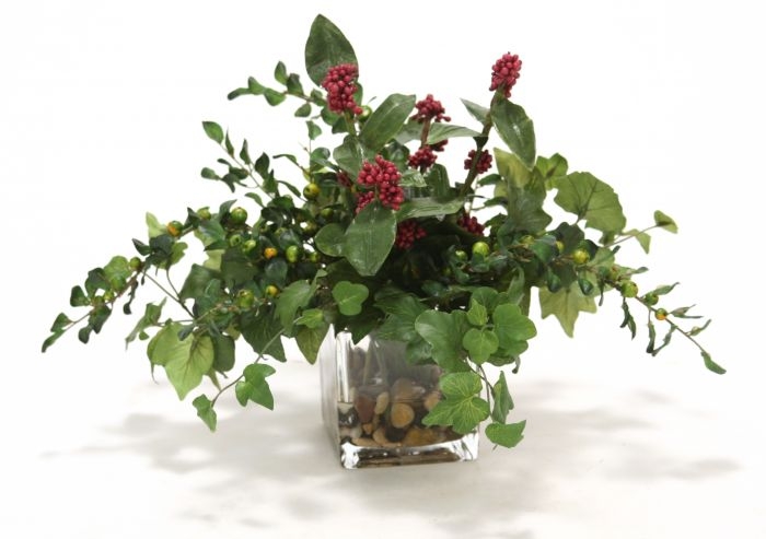 Waterlook (R) Mixed Greenery, Plum Berries in Glass Cube Waterlook (R) Mixed Greenery, Plum Berries in Glass Cube