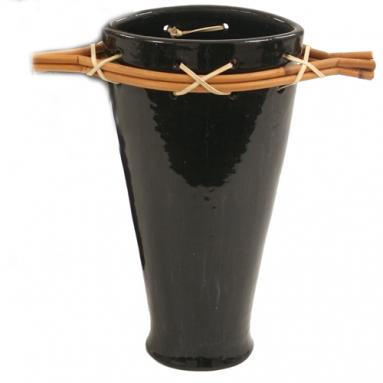 Tall 14'H Glossy Metallic Black Fuji Vase with Rattan Pole Trim