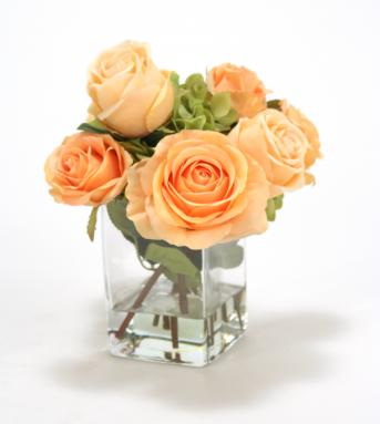 Waterlook ® Silk Roses and Hydrangeas in a Clear Glass Square