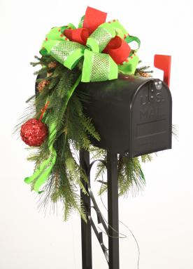Mailbox Saddle - Pine and Fir Boughs, Sequined Ornaments and Ribbon