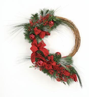 Down Home - Snow Dusted Pine, Deep Red Berries, Ornaments and Ribbon Wreath