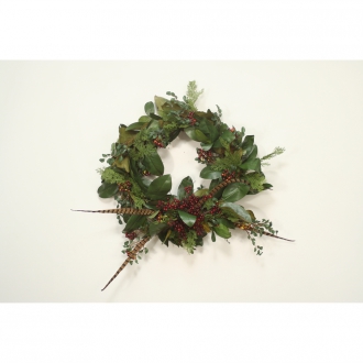 30' Magnolia Foliage Wreath with Berries and Feathers