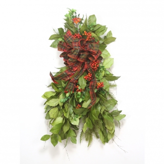36'L Artificial Salal Leaf and Red Berry Swag with Red and Green Ribbon (Pack of 2)