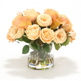 Cream peach and champagne yellow mixed roses with Rose cream Calla lilies in round cylinder