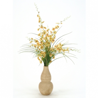 Gold Silk Oncidium Orchids, Grass in  Aged Almond Rio Vase