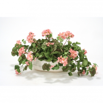 PINK GERANIUMS IN SMALL WHITE LION HEAD PLANTER