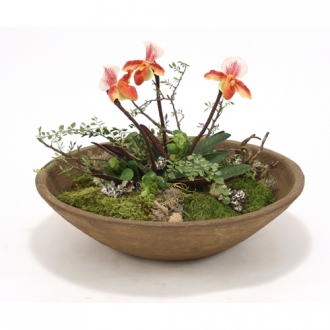 Silk Lady Slippers with Mixed Greenery in Tuscan Brown Round Bowl