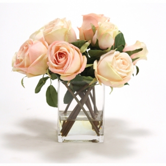Waterlook ® Silk Cream Roses and Rose Buds in a Tall Glass Square
