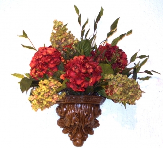 Dark Red and Light Green Hydrangeas with Berries in Wall Pocket