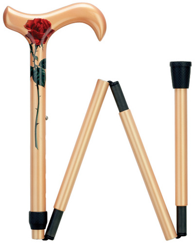 Ladies Carbon Fiber derby cane with red rose on golden colored folding cane