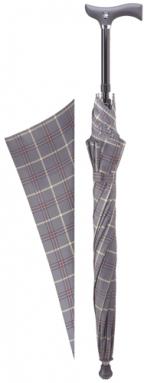'Step-Brella' Adjustable cane umbrella. With Grey & Burgundy pattern.