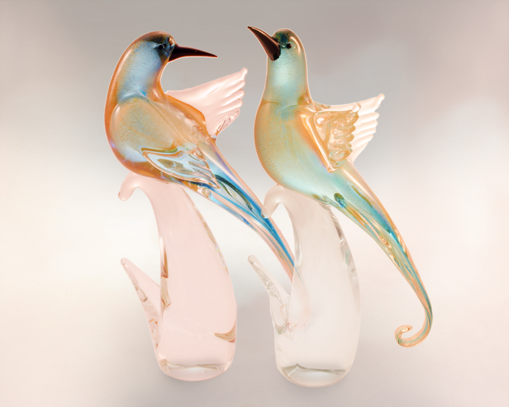 Murano Glass Bird Pair Golden Aqua
