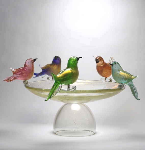 Footed  Murano glass Bowl with 5 Birds