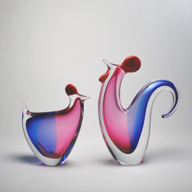 Blue and red Chicken Pair Murano Glass Blue and red Chicken Pair Murano Glass