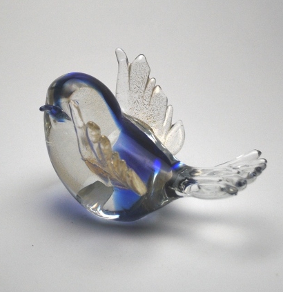 Blue, crystal clear and gold  murano glass bird
