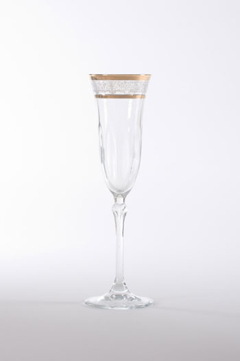 Set of Six Flute Glasses with Gold And White Artwork