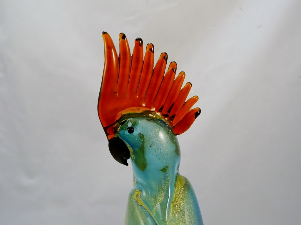 Murano Glass Parrot Aqua/Gold with Amber Crest