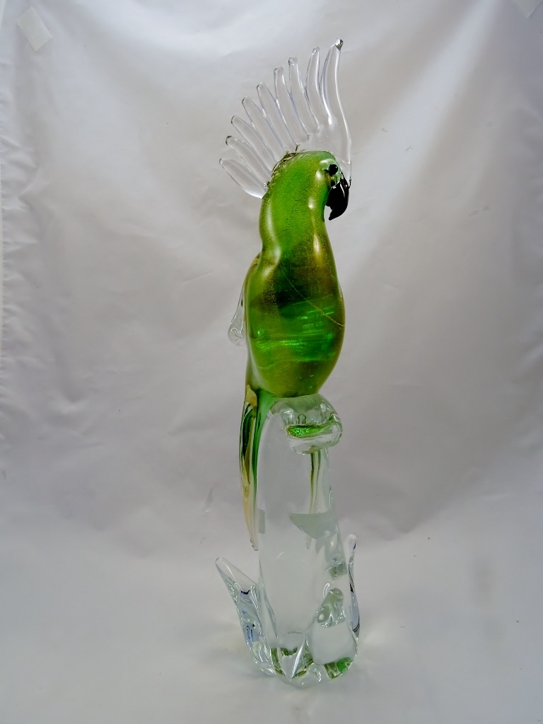 Murano Glass Parrot Green/Gold with Clear Crest