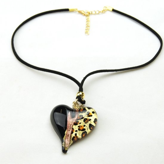 Leopard Murano Glass Pendant Heart Black