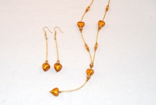 Amber murano glass dangle heart necklace and earrings